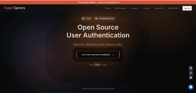 SuperTokens' landing page