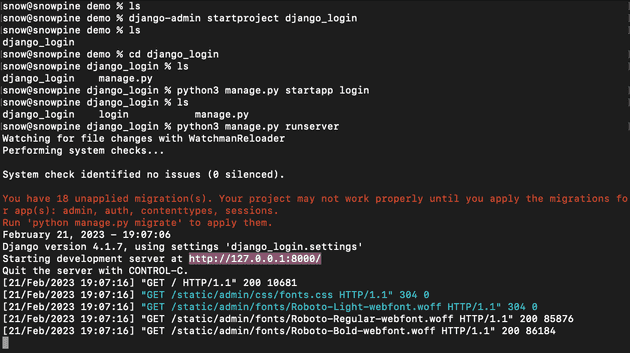 Django setup terminal