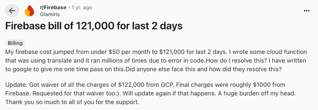 Screenshot of a Redditor sharing their experience with a massive surprise Firebase bill