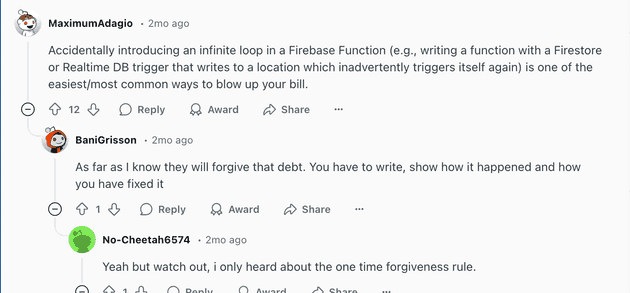 Another screenshot of a Redditor sharing their experience with a massive surprise Firebase bill